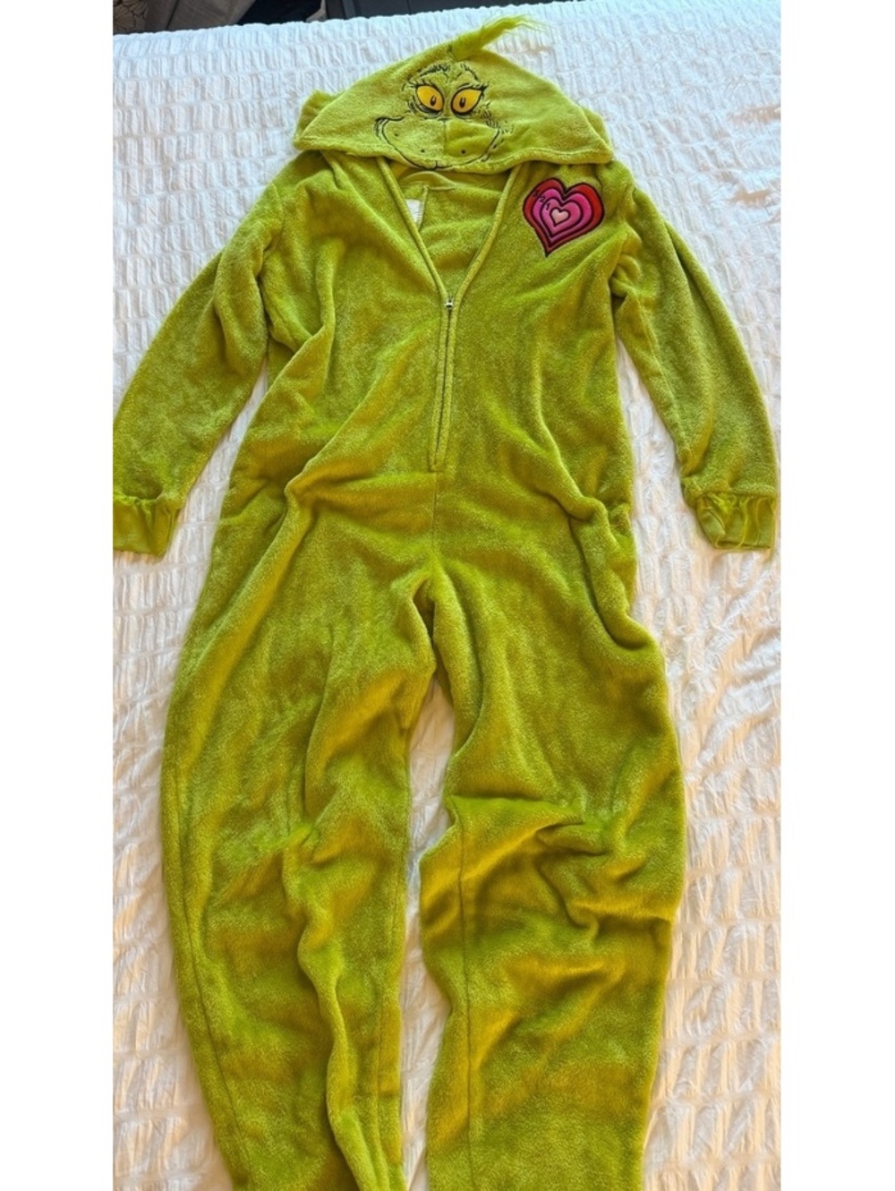 The Grinch Lime Green Fuzzy Hooded Onesie Pajamas Size L